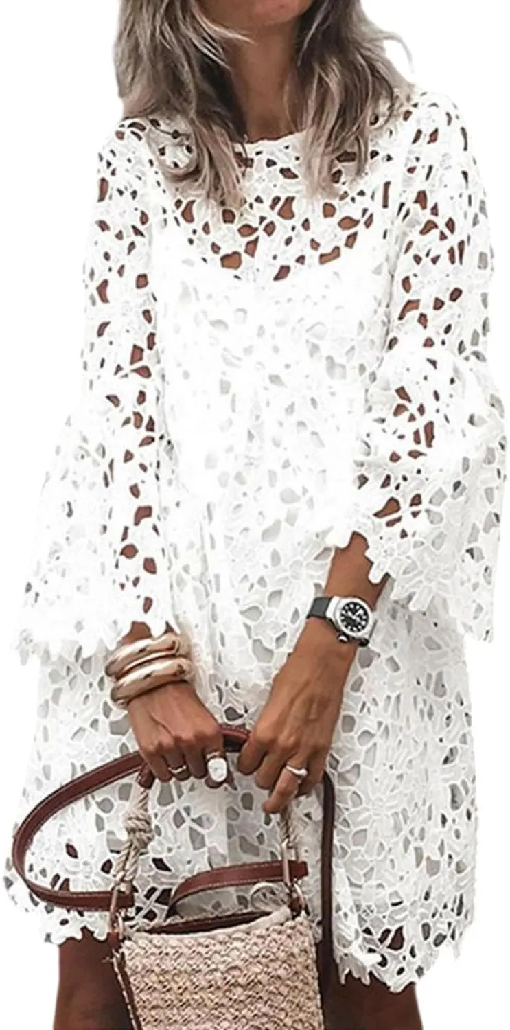 yoeasy Women Lace Embroidered Hollow Out Dress Elegant Summer Crew Neck Ruffle Casual Flowy Boho Mini Dress