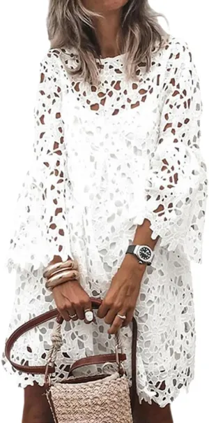 yoeasy Women Lace Embroidered Hollow Out Dress Elegant Summer Crew Neck Ruffle Casual Flowy Boho Mini Dress