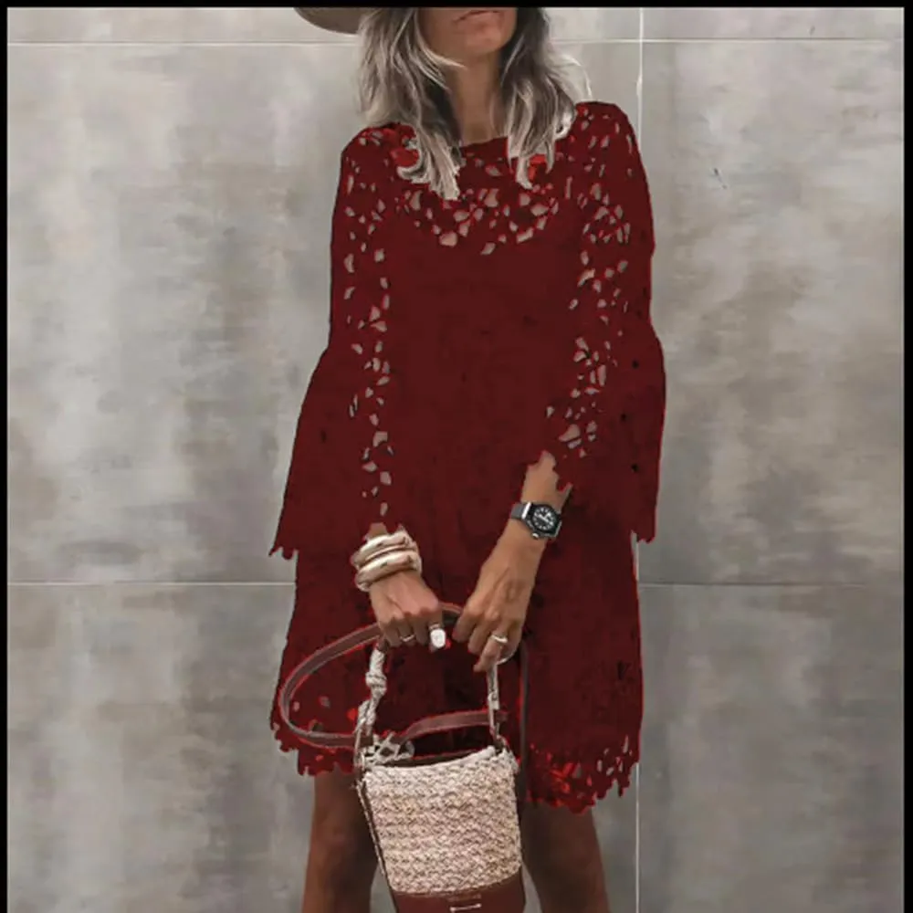 yoeasy Women Lace Embroidered Hollow Out Dress Elegant Summer Crew Neck Ruffle Casual Flowy Boho Mini Dress