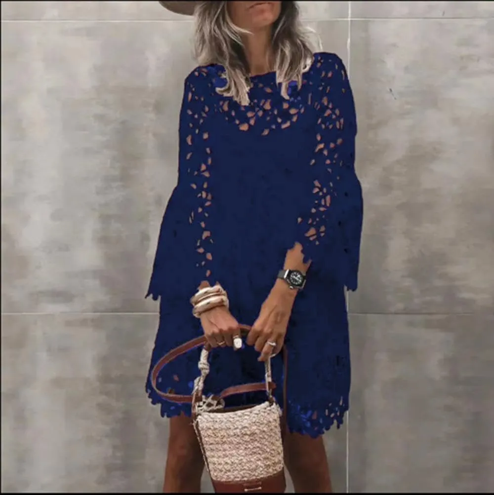 yoeasy Women Lace Embroidered Hollow Out Dress Elegant Summer Crew Neck Ruffle Casual Flowy Boho Mini Dress