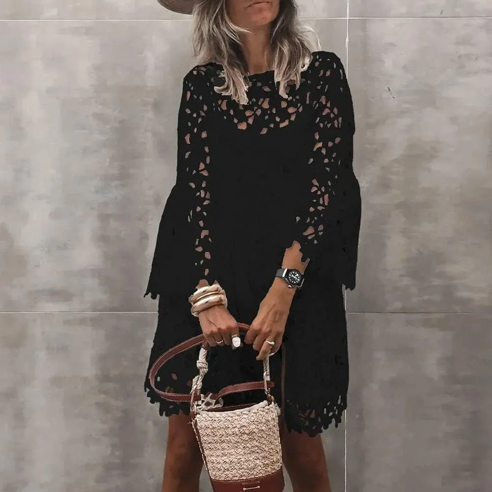 yoeasy Women Lace Embroidered Hollow Out Dress Elegant Summer Crew Neck Ruffle Casual Flowy Boho Mini Dress