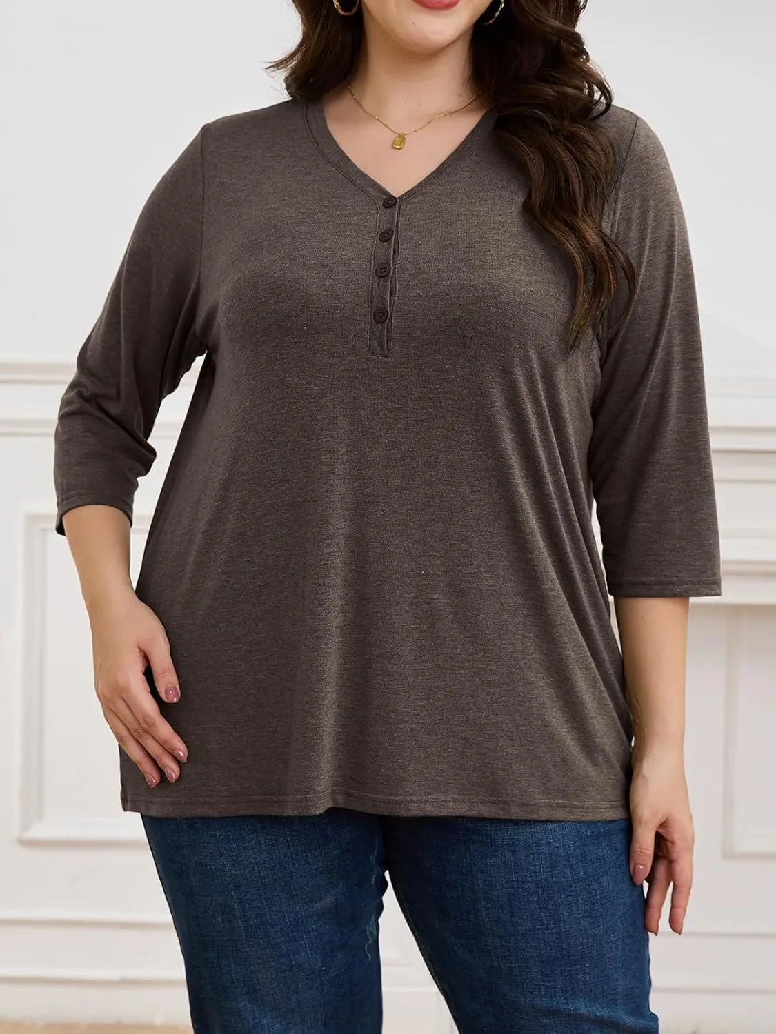 ZDC Women's Plus Size T Shirts 3/4 Sleeve V Neck Tee Tops Button Down Basic Tunic