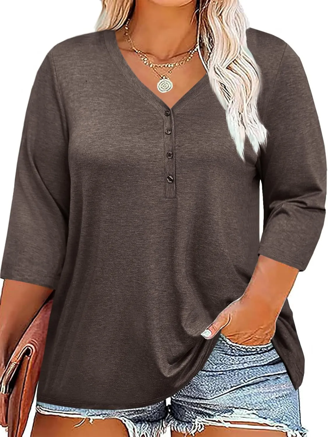 ZDC Women's Plus Size T Shirts 3/4 Sleeve V Neck Tee Tops Button Down Basic Tunic
