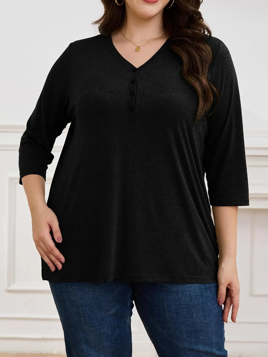 ZDC Women's Plus Size T Shirts 3/4 Sleeve V Neck Tee Tops Button Down Basic Tunic