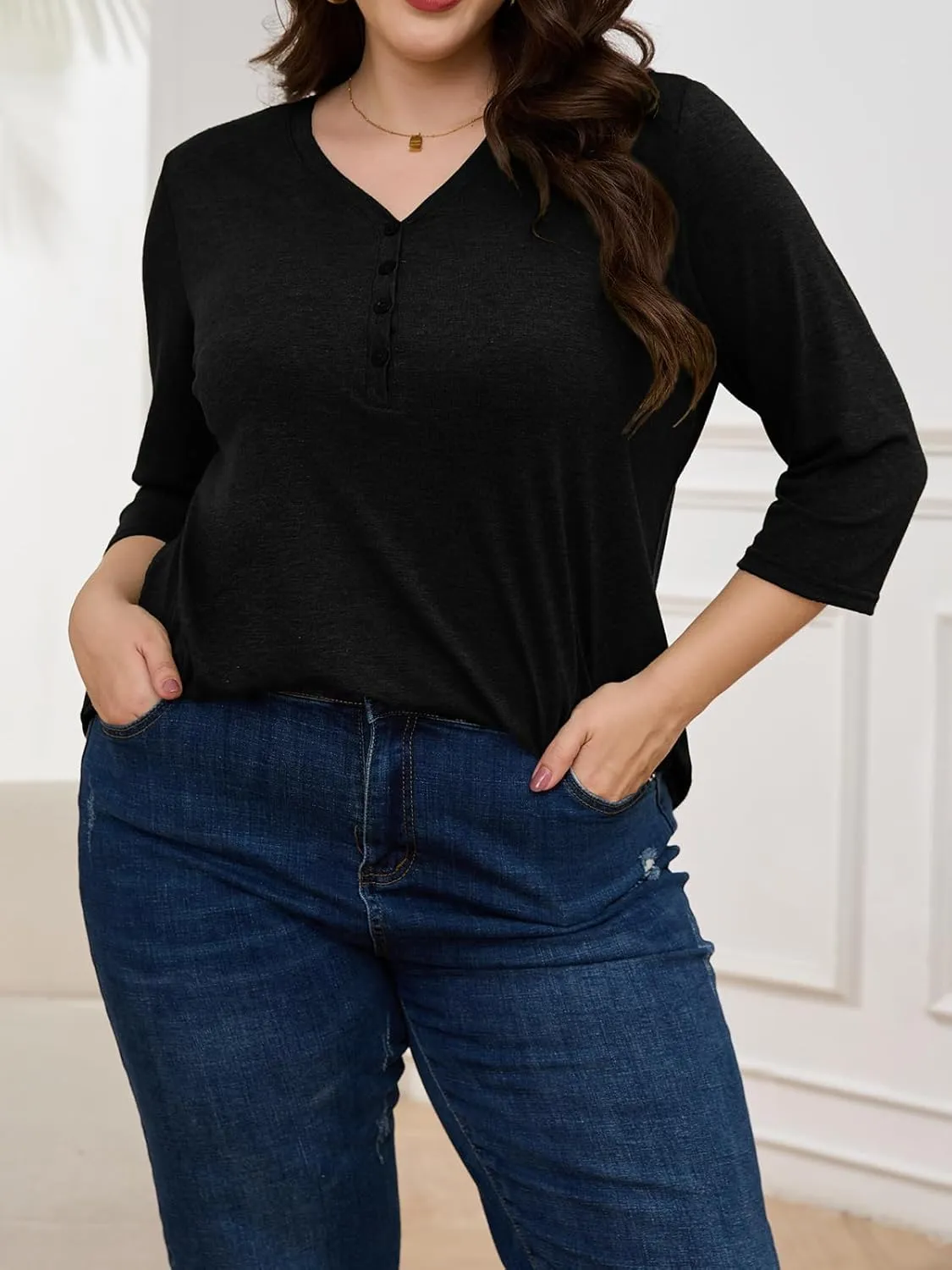 ZDC Women's Plus Size T Shirts 3/4 Sleeve V Neck Tee Tops Button Down Basic Tunic