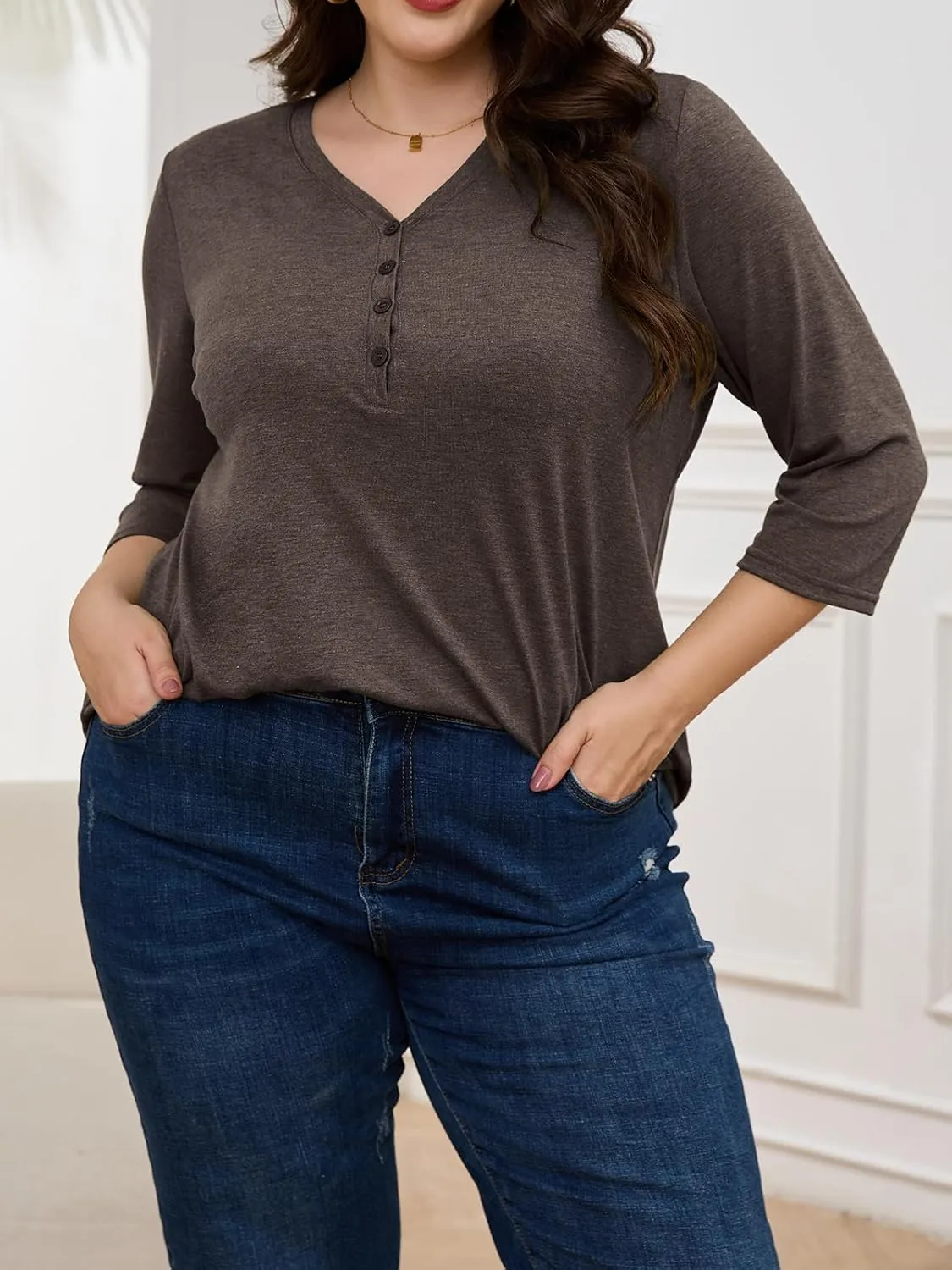 ZDC Women's Plus Size T Shirts 3/4 Sleeve V Neck Tee Tops Button Down Basic Tunic