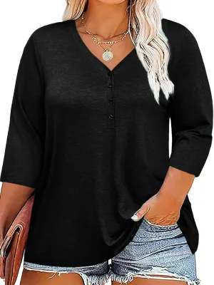 ZDC Women's Plus Size T Shirts 3/4 Sleeve V Neck Tee Tops Button Down Basic Tunic