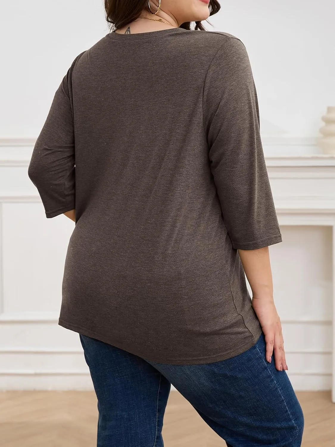 ZDC Women's Plus Size T Shirts 3/4 Sleeve V Neck Tee Tops Button Down Basic Tunic
