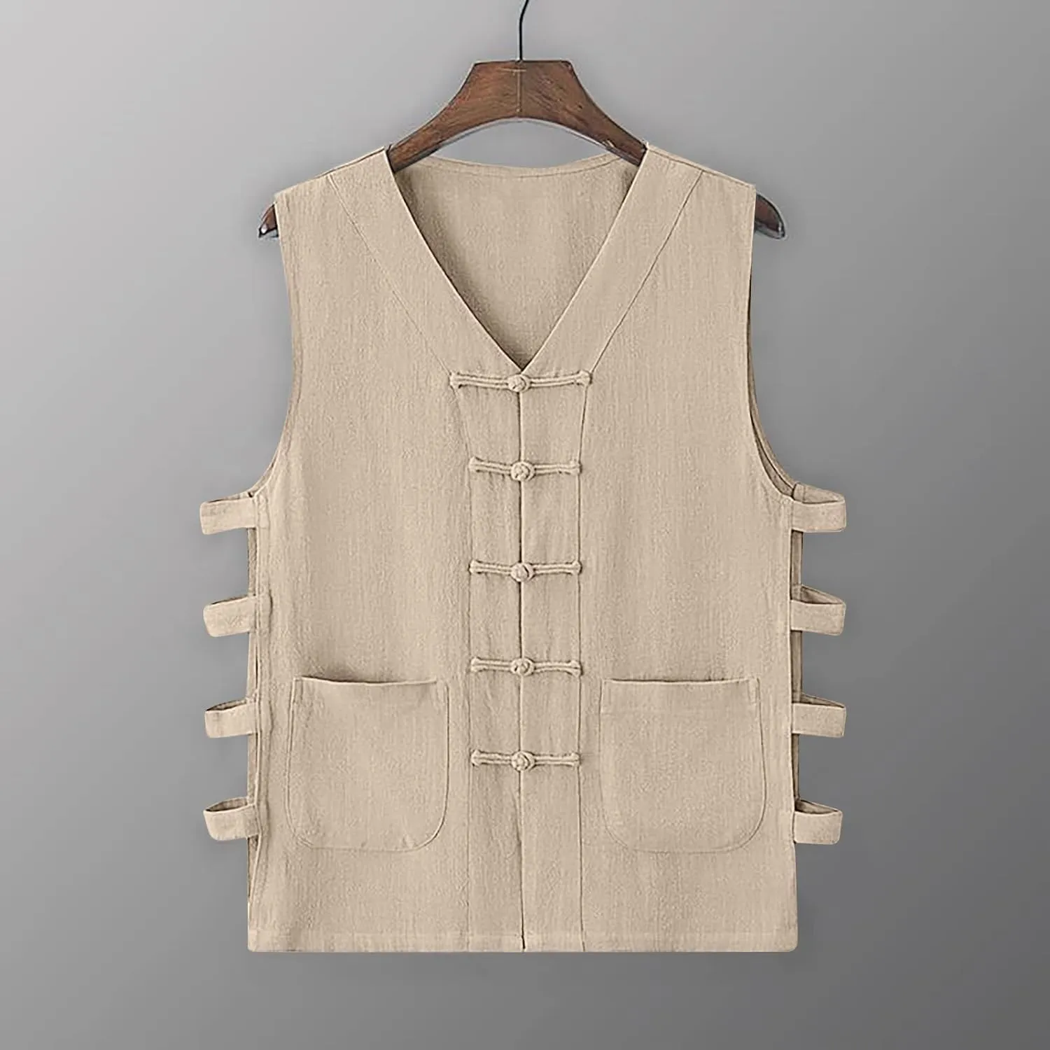 Zeiyignr Mens Cotton Linen Tank Tops Chinese Frog Button Sleveeless Shirt Retro China Traditional Tai Chi Kong Fu Vest Jacket