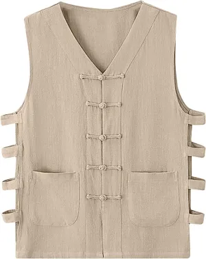 Zeiyignr Mens Cotton Linen Tank Tops Chinese Frog Button Sleveeless Shirt Retro China Traditional Tai Chi Kong Fu Vest Jacket