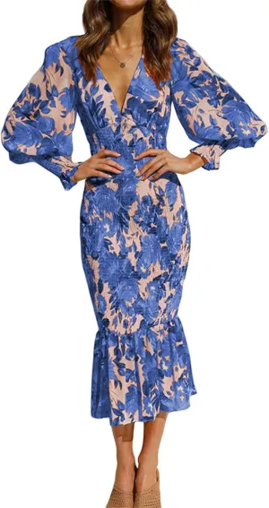 ZWRXW Womens Bodycon Dresses Floral Print Deep V Neck Sexy Wrap Puff Long Sleeve Ruffle Hem Fall Elegant Maxi Dress